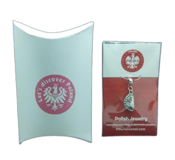 Pierogi Necklace with white pillow box stamped Let's Discover Poland