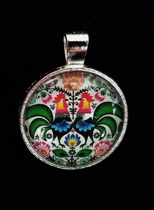 Design 73 Polish Pottery Jewelry Necklace Pendant w/ Glass Cabochon Roosters Folk Art Jewelry Polska Poland Polski