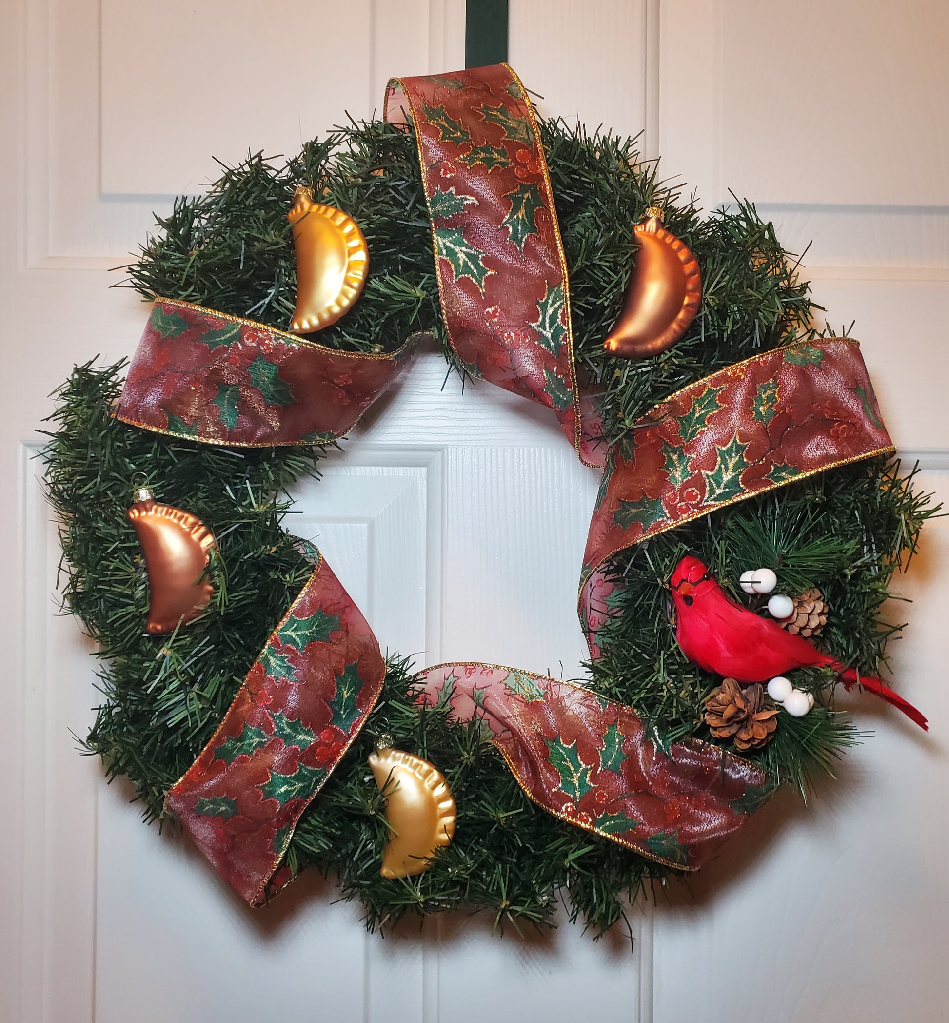 Red ribbon with cardinal Pierogi wreath